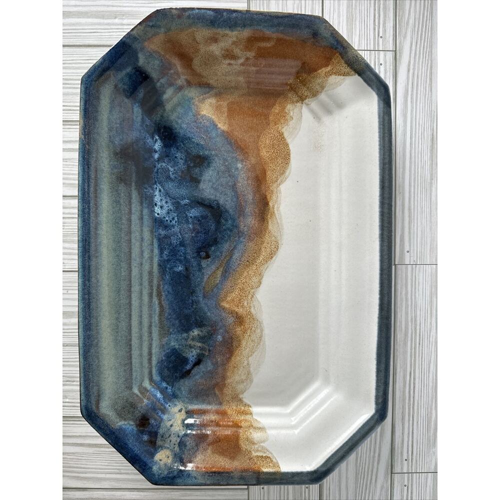 Studio Art Pottery Platter Serving Plate 16x10.5” Blue Brown White Waves “Marty”